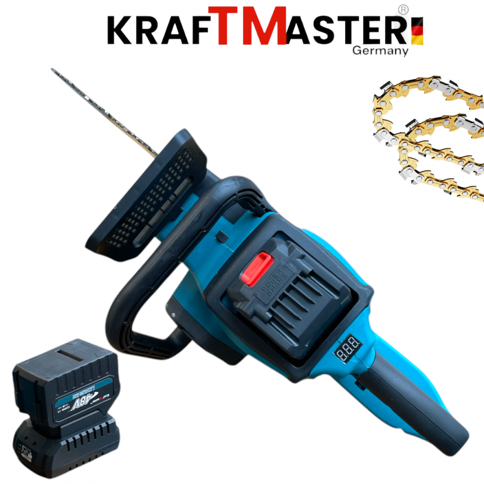 Акумулаторен Верижен Трион Резачка за Дърва с Дисплей 48V 12AH 2 батерии 2 вериги KRAFTMASTER 30см шина