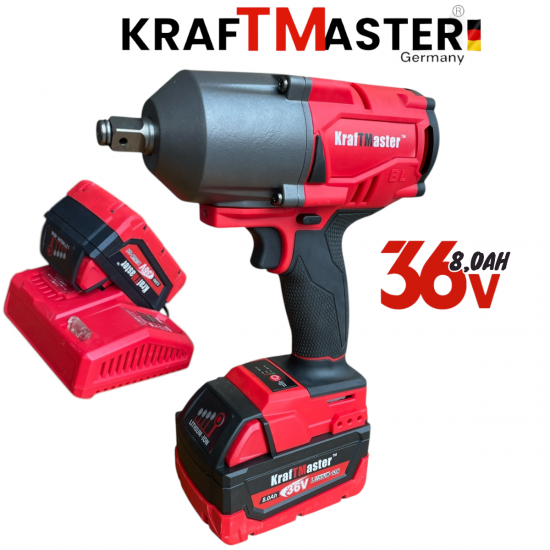 Голям Акумулаторен Гайковерт 1/2 36V 8Ah KRAFTMASTER с 25 части 2 Батерии и Зарядно в Куфар