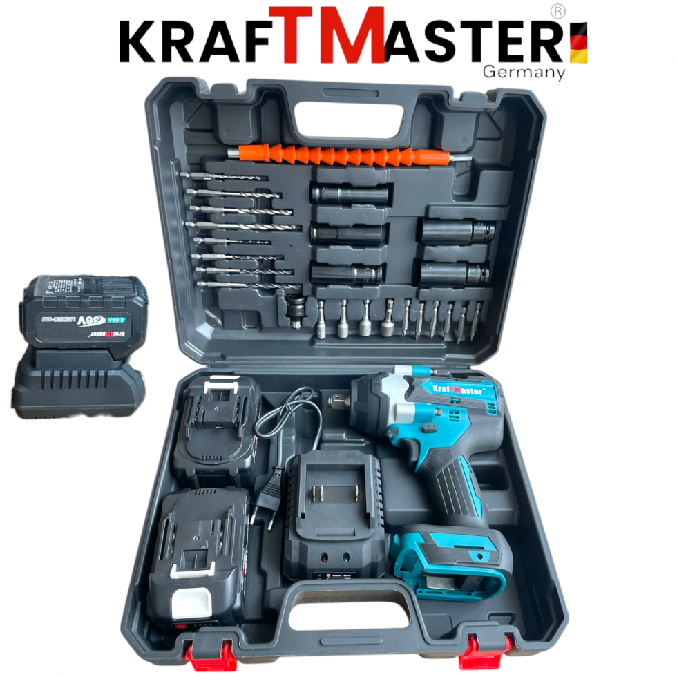 Голям Безчетков Акумулаторен Ударен Гайковерт-Импакт Винтоверт 1/2 36V 8,0AH с 25 части в Куфар KRAFTMASTER 