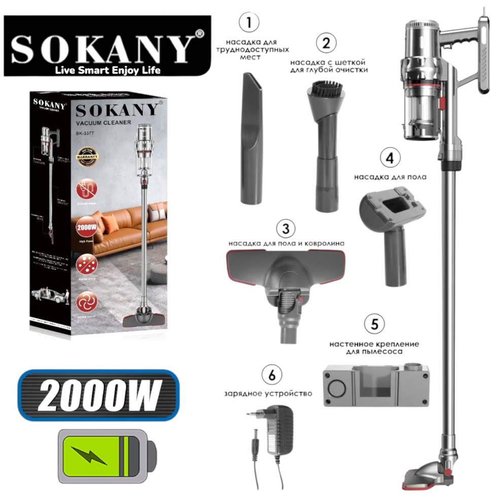 Безжична Мощна Прахосмукачка SOKANY 2000W Акумулаторна Циклонна за Бързо и Ефективно Почистване