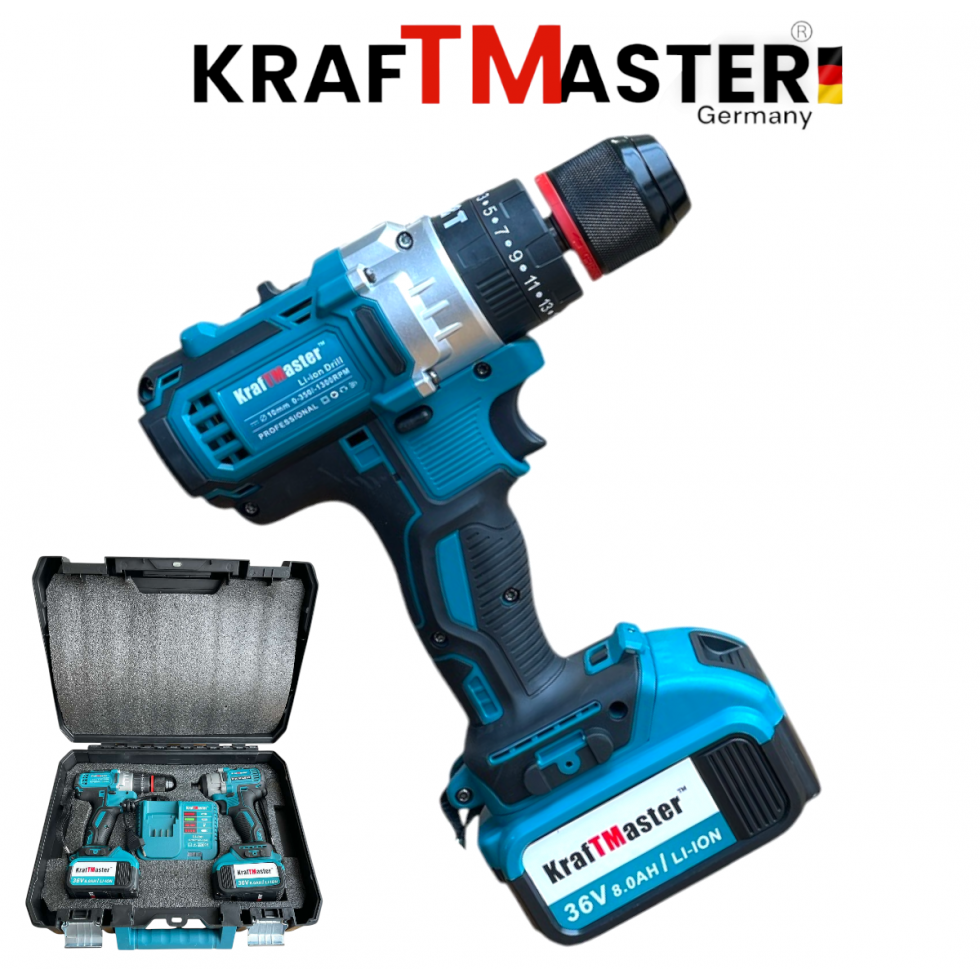 Комплект 2в1 Акумулаторен Винтоверт и Импакт 36V 8Ah KRAFTMASTER 2 Батерии в КУФАР 