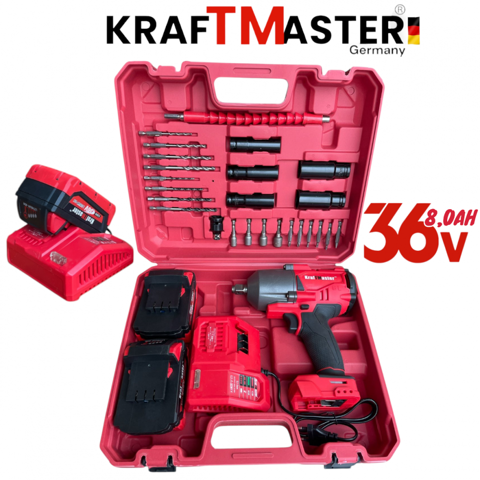 Голям Акумулаторен Гайковерт 1/2 36V 8Ah KRAFTMASTER с 25 части 2 Батерии и Зарядно в Куфар