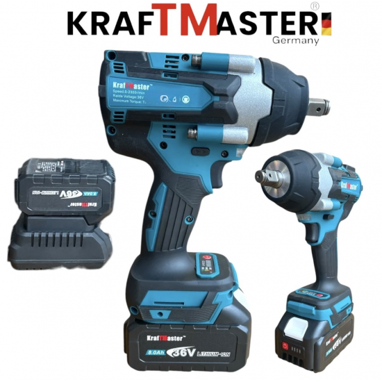Голям Безчетков Акумулаторен Ударен Гайковерт 36V 8,0AH с 25 части в Куфар KRAFTMASTER 