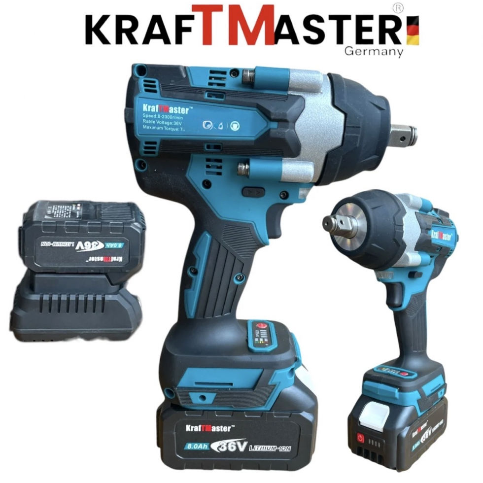 Голям Безчетков Акумулаторен Ударен Гайковерт-Импакт Винтоверт 1/2 36V 8,0AH с 25 части в Куфар KRAFTMASTER 