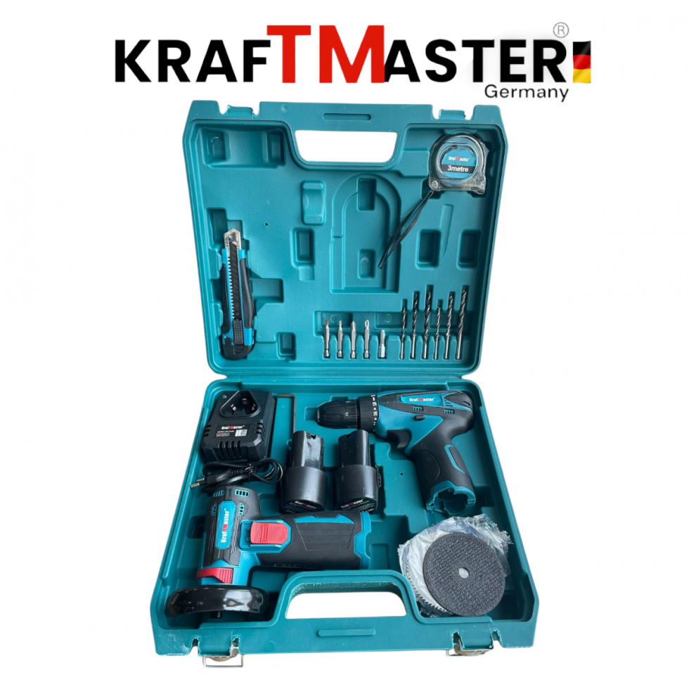 Акумулаторен Ъглошлайф 76мм и Двускоростен Винтоверт KRAFT MASTER 24V 6AH + 2 Броя батерии и Зарядно Накрайници и Дискове  