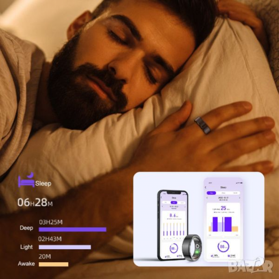 Смарт Пръстен - 24/7 Следене на Пулс, Кр. Кислород, Мониторинг на Съня