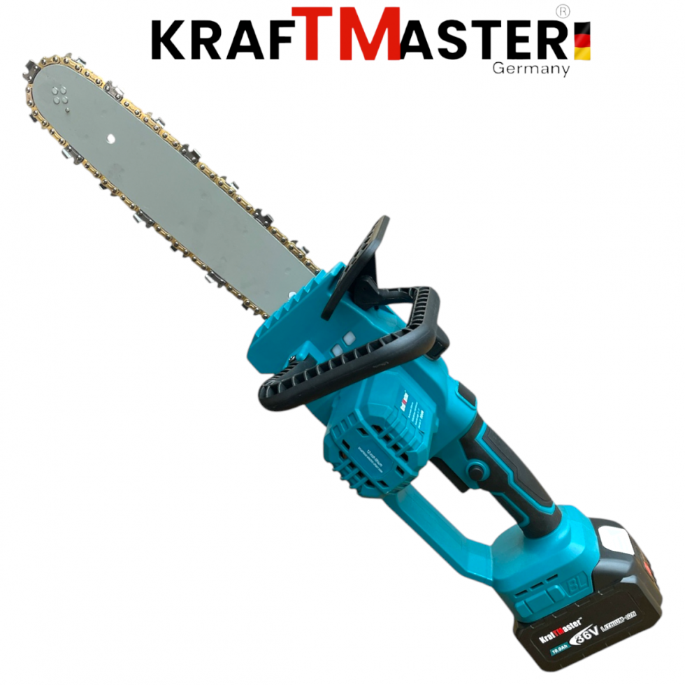 Акумулаторна Верижна Резачка за Клони и Дърва KRAFTMASTER 36V 10AH 30см 2 Батерии (Автоматично Смазване) с Дисплей син и жълт