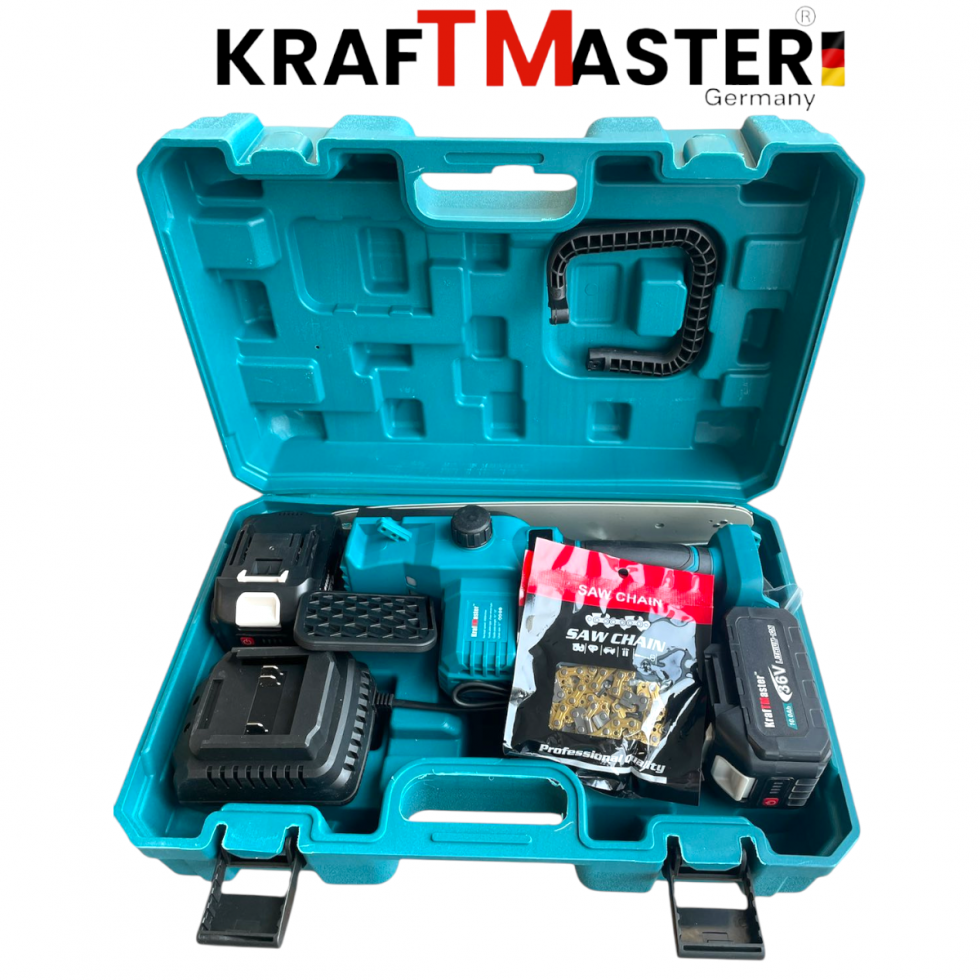 Акумулаторна Верижна Резачка за Клони и Дърва KRAFTMASTER 36V 10AH 30см 2 Батерии (Автоматично Смазване) с Дисплей син и жълт