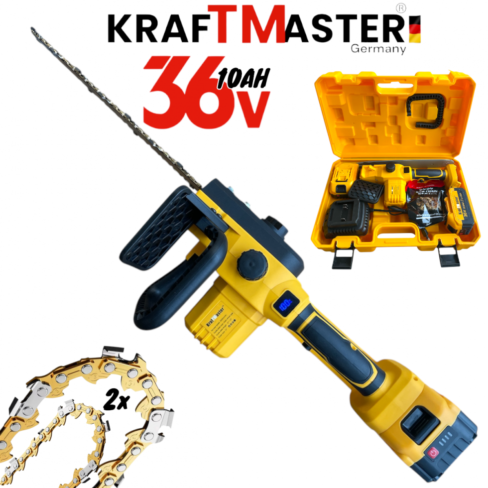 Акумулаторна Верижна Резачка за Клони и Дърва KRAFTMASTER 36V 10AH 30см 2 Батерии (Автоматично Смазване) с Дисплей син и жълт
