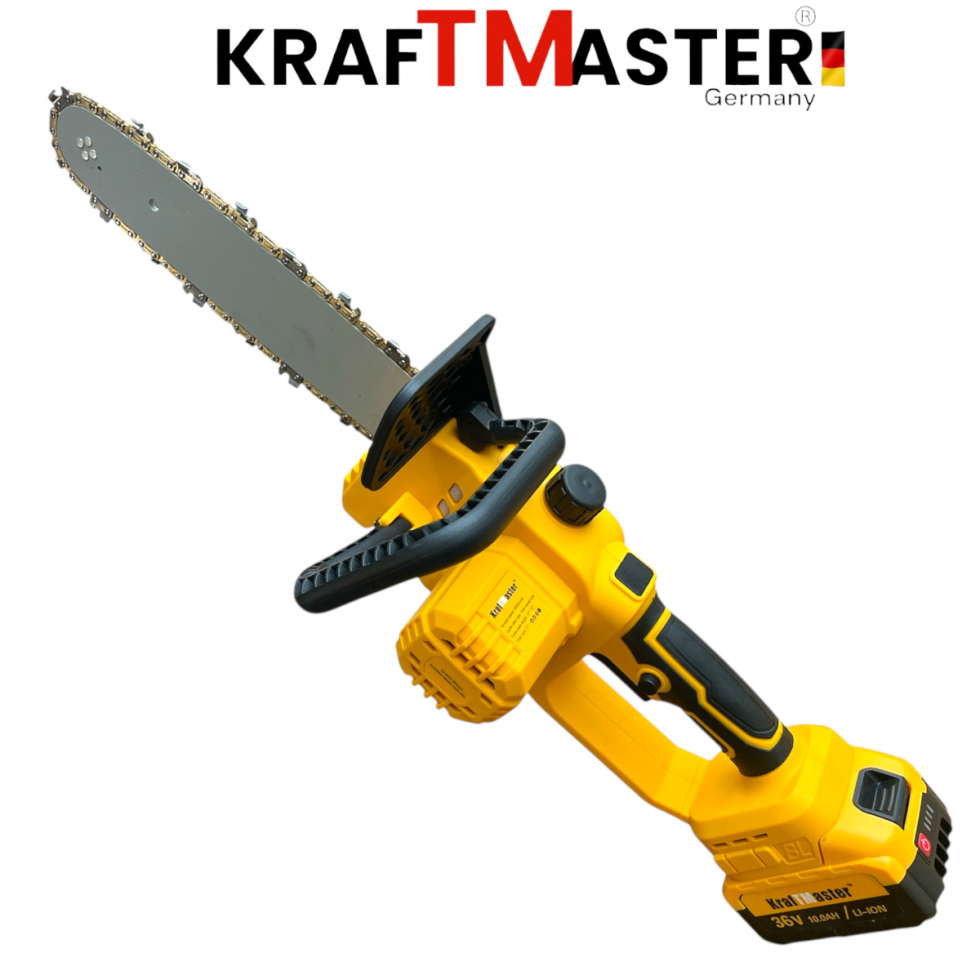 Акумулаторна Верижна Резачка за Клони и Дърва KRAFTMASTER 36V 10AH 30см 2 Батерии (Автоматично Смазване) с Дисплей син и жълт