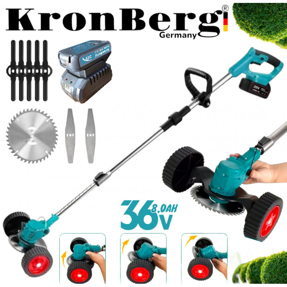 Акумулаторен Тример за Трева с Колела Храсторез KRONBERG 36V 8.0AH 2 Батерии и Зарядно Акумулаторен Тример за Трева с Колела Храсторез KRONBERG 36V 8.0AH 2 Батерии и Зарядно