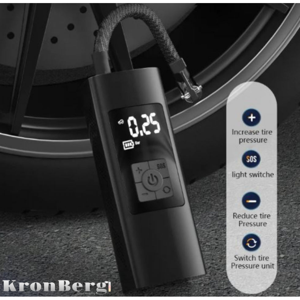 Акумулаторен Компресор за Гуми с Дисплей Безжичен с Фенер KRONBERG 150 PSI 3в1 Зарядно Power Bank