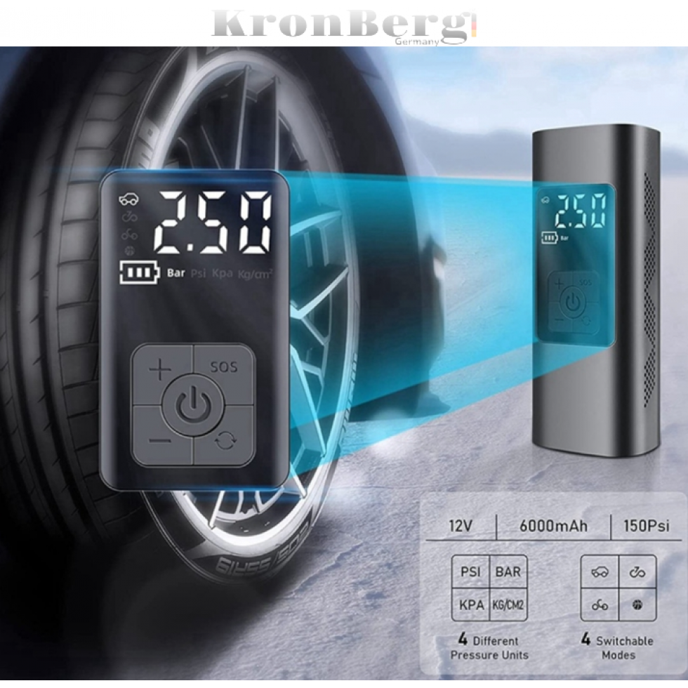 Акумулаторен Компресор за Гуми с Дисплей Безжичен с Фенер KRONBERG 150 PSI 3в1 Зарядно Power Bank