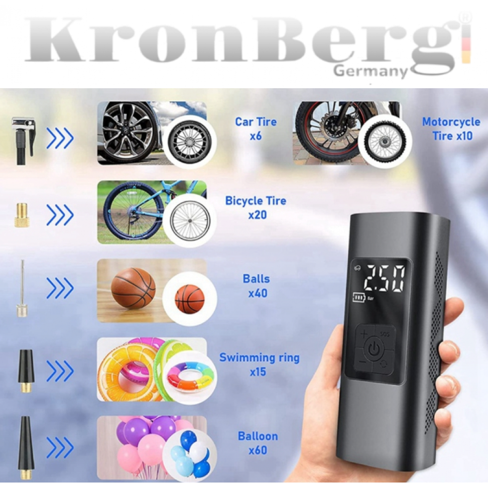 Акумулаторен Компресор за Гуми с Дисплей Безжичен с Фенер KRONBERG 150 PSI 3в1 Зарядно Power Bank