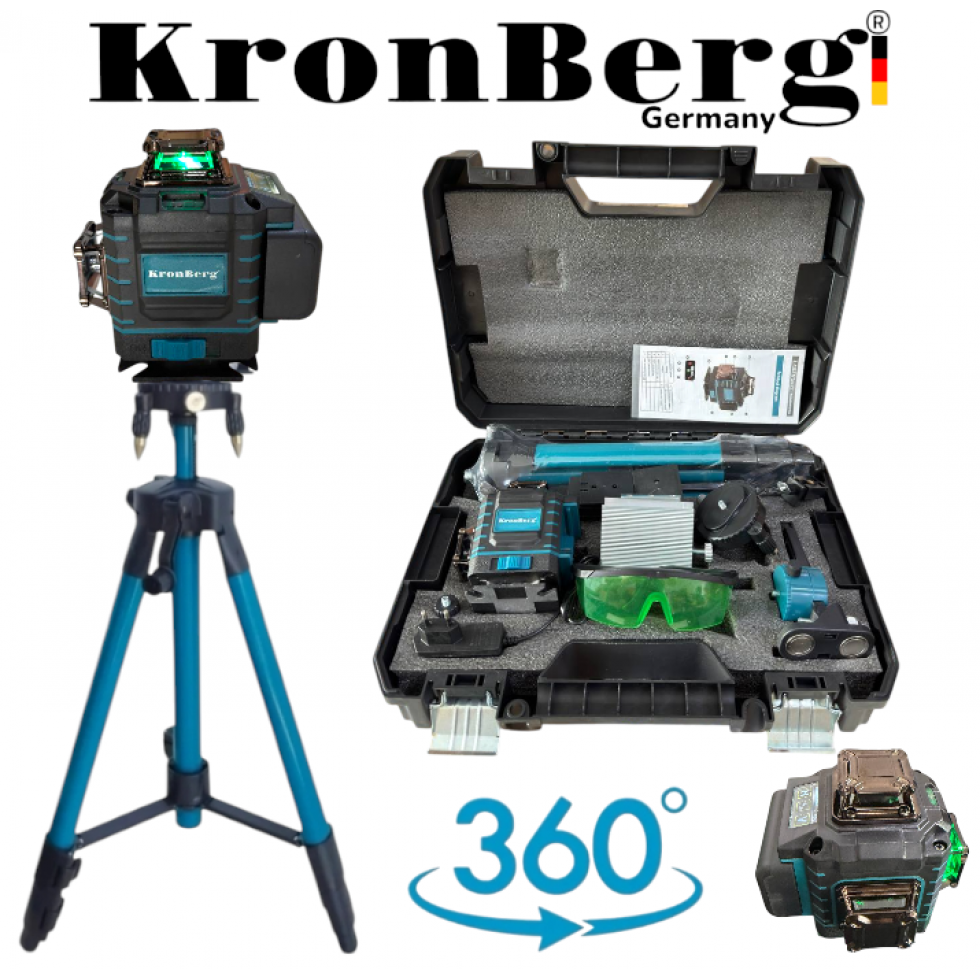 4D Лазерен Нивелир с 360 Градуса 16 линии LCD Дисплей KRONBERG със стойка 4D Лазерен Нивелир с 360 Градуса 16 линии LCD Дисплей KRONBERG със стойка