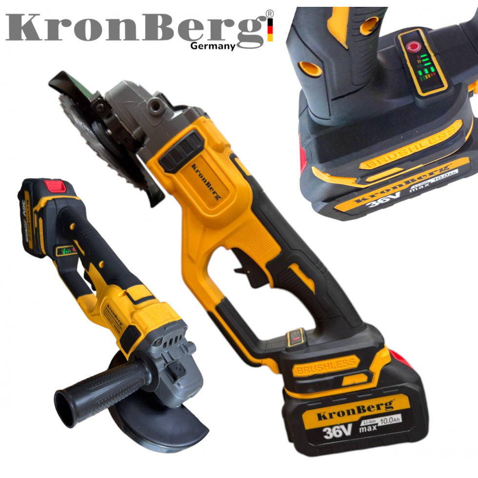 Професионален Акумулаторен Безчетков Ъглошлайф KRONBERG 125мм 36V 10Ah 2 Батерии и Зарядно Устройство в Куфар Професионален Акумулаторен Безчетков Ъглошлайф KRONBERG 125мм 36V 10Ah 2 Батерии и Зарядно Устройство в Куфар