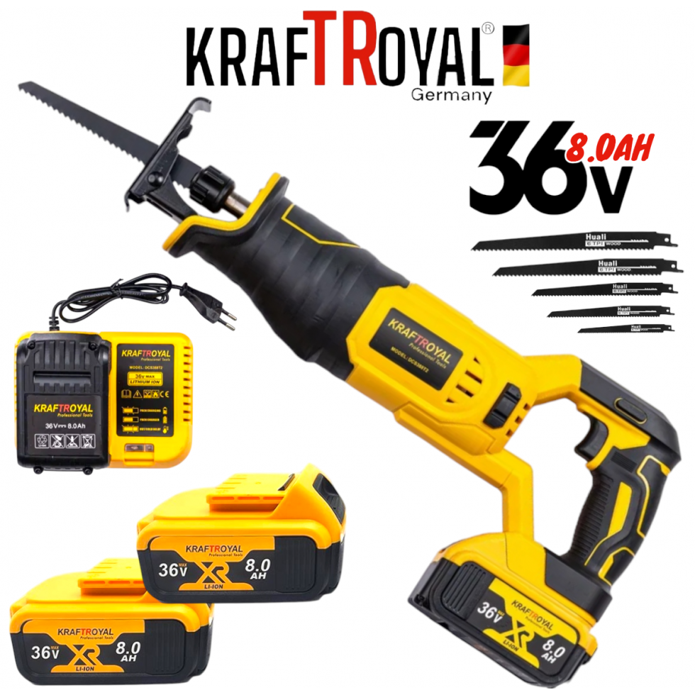 Акумулаторен Саблен Прав Трион KRAFTROYAL 36V 8,0AH Прав за Месо Метал Кости Пластмаса Дърво и др. 2 Батерии 5 ножа