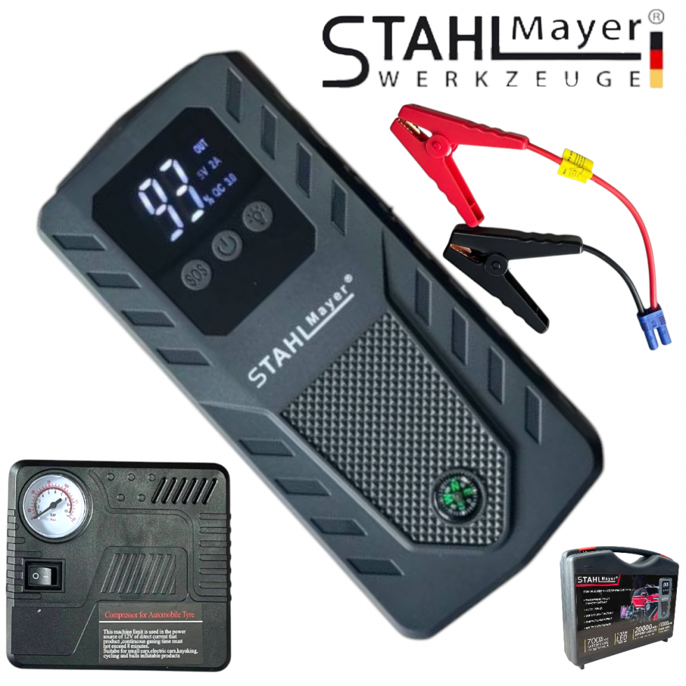 Автомобилен Бустер Стартер за Кола STAHLMAYER Jump Starter 20000mAh – Стартерен Бустер Мощен Надежден с Компресор Автомобилен Бустер Стартер за Кола STAHLMAYER Jump Starter 20000mAh – Стартерен Бустер Мощен Надежден с Компресор