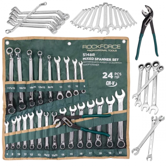 Комплект Микс Професионални Ключове 24 части Срязани Лули Тресчотни Звездогаечни и Клещи Гарги ROCKFORCE RF-5148R