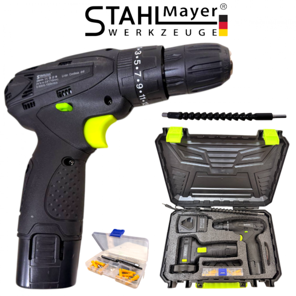 2в1 Акумулаторен Винтоверт + Мини Ъглошлайф 76мм STAHLMAYER 2 Батерии и Зарядно в Куфар