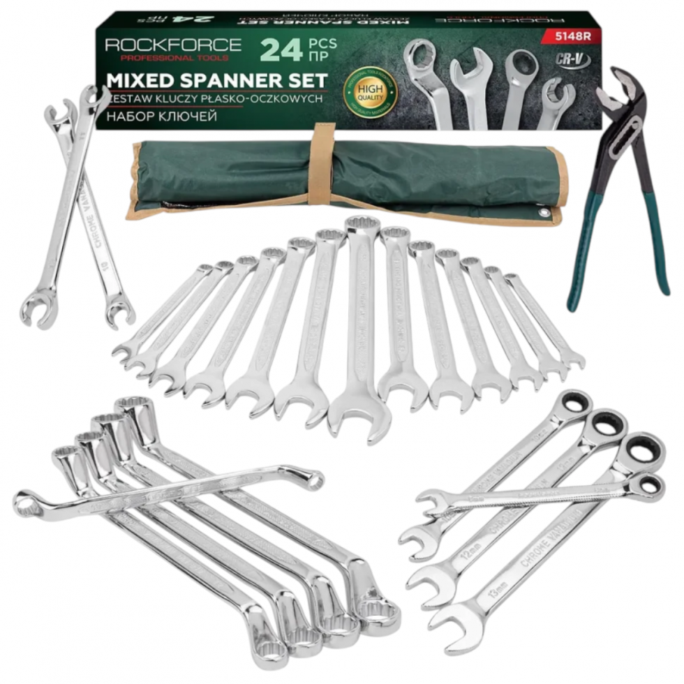 Комплект Микс Професионални Ключове 24 части Срязани Лули Тресчотни Звездогаечни и Клещи Гарги ROCKFORCE RF-5148R