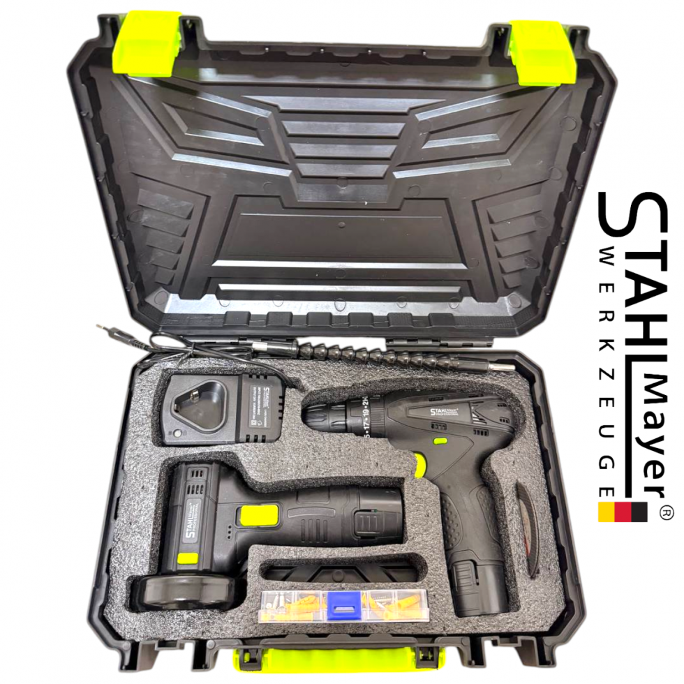 2в1 Акумулаторен Винтоверт + Мини Ъглошлайф 76мм STAHLMAYER 2 Батерии и Зарядно в Куфар