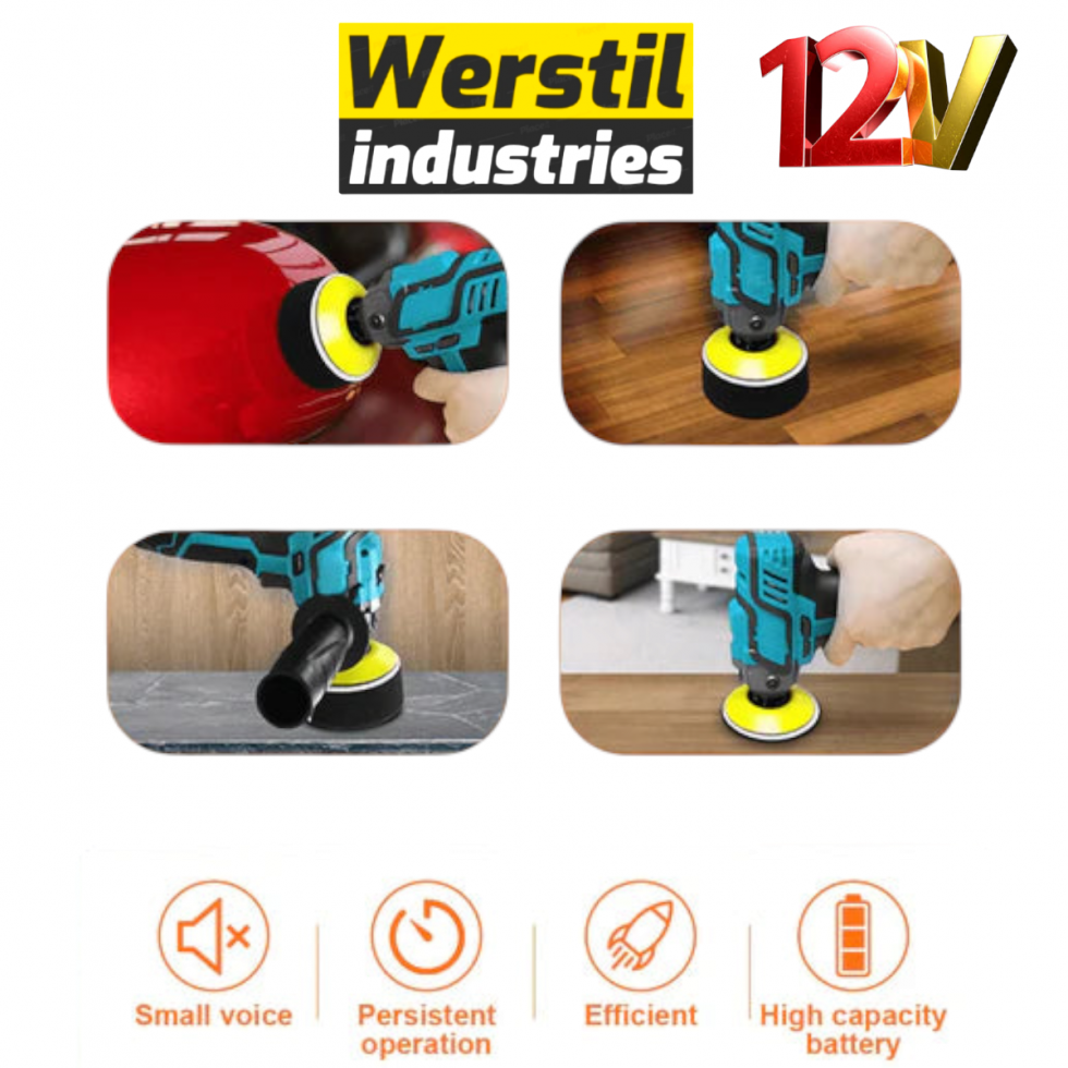 Акумулаторна Полирмашина 12V WERSTIL 125мм Машина за Полиране Безжична с 2 Батерии