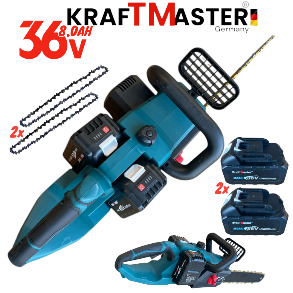 Акумулаторен Верижен Трион Резачка 40см за Дърва KRAFTMASTER 2 Батерии и Зарядно Устройство Акумулаторен Верижен Трион Резачка 40см за Дърва KRAFTMASTER 2 Батерии и Зарядно Устройство
