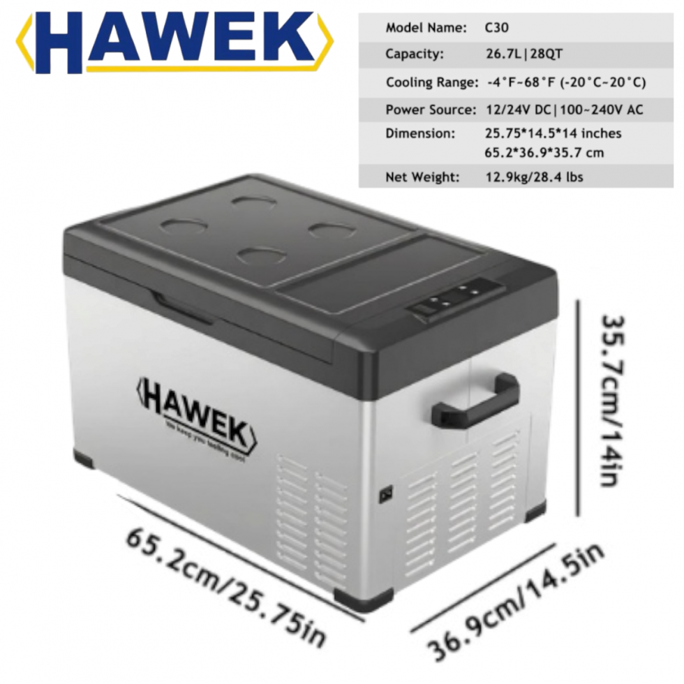 Портативен Компресорен Хладилник HAWEK 30 литра 12V / 24V / 220V Охлаждане и Замразяване с BLUETOOTH С30