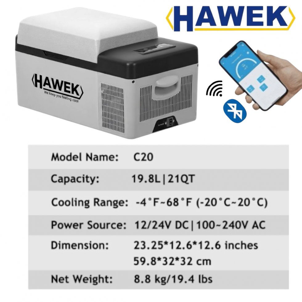 Хладилник Компресорен Портативен HAWEK 20 литра 12V/24V 220V за Охлаждане и Замразяване със BLUETOOTH С20