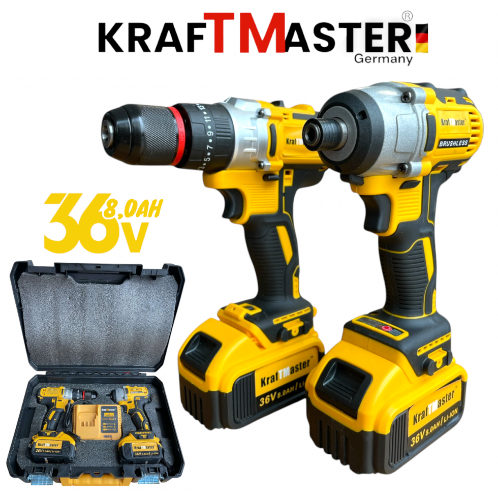 Комплект 2в1 Акумулаторен Импакт и Винтоверт 36V 8Ah KRAFTMASTER Жълт 2 Батерии в КУФАР 