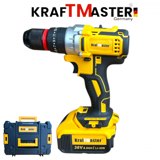 Комплект 2в1 Акумулаторен Импакт и Винтоверт 36V 8Ah KRAFTMASTER Жълт 2 Батерии в КУФАР 