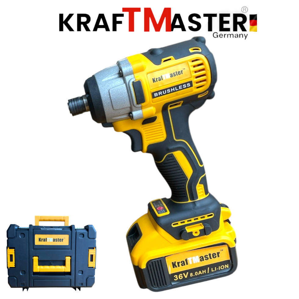 Комплект 2в1 Акумулаторен Импакт и Винтоверт 36V 8Ah KRAFTMASTER Жълт 2 Батерии в КУФАР 