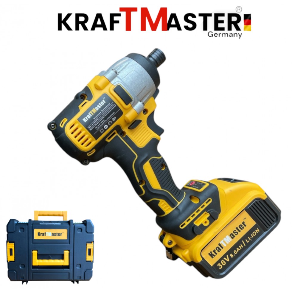 Комплект 2в1 Акумулаторен Импакт и Винтоверт 36V 8Ah KRAFTMASTER Жълт 2 Батерии в КУФАР 