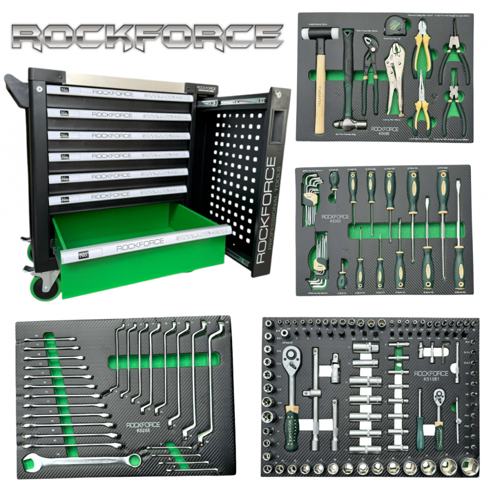 Подемник Монофазен и Шкаф с Инструменти 172 части 7 Чекмеджета ROCKFORCE 3 тона H30M Професионален Подемник