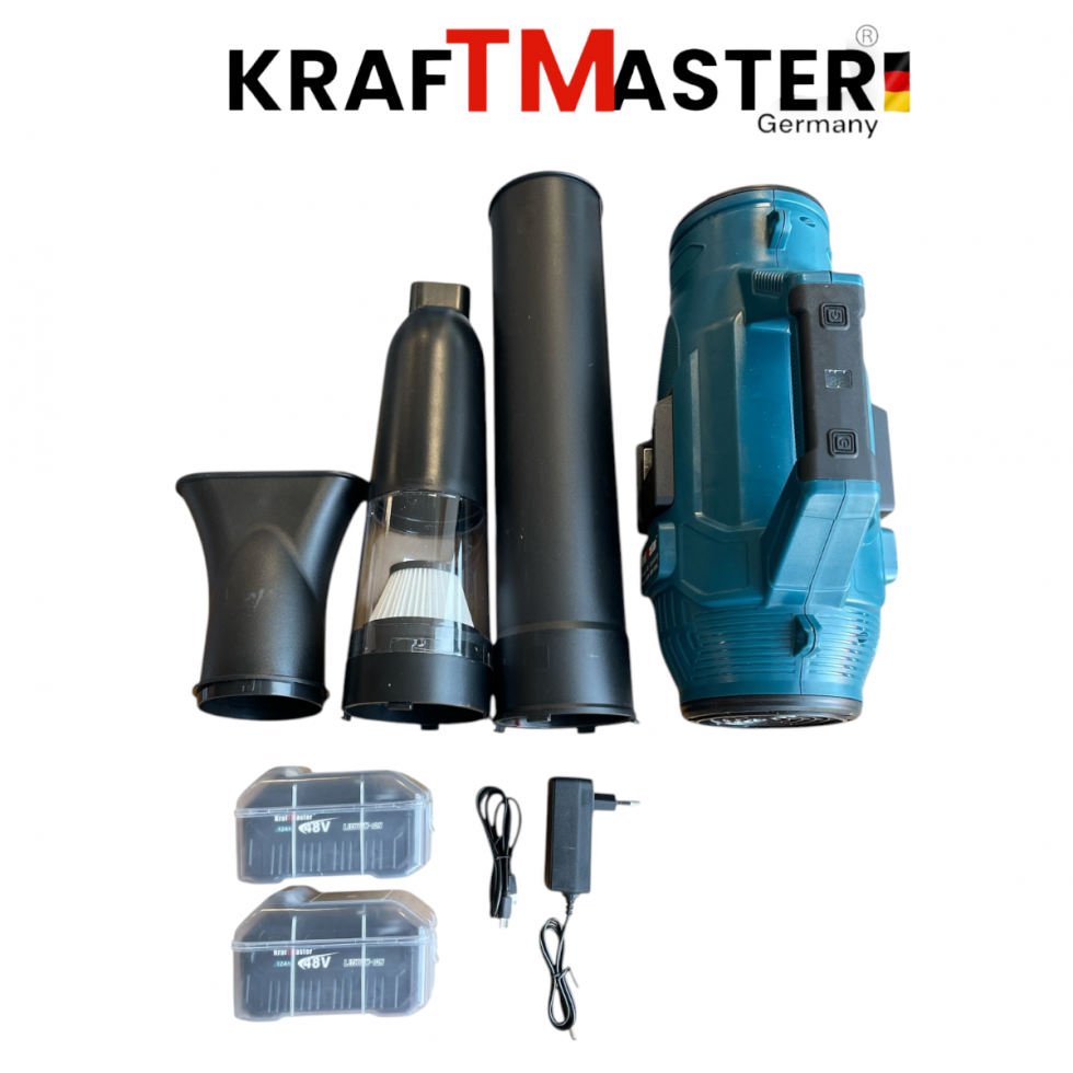 Акумулаторна Прахосмукачка и Духалка 2В1 KRAFT MASTER 48V 12AH 2 БАТЕРИИ