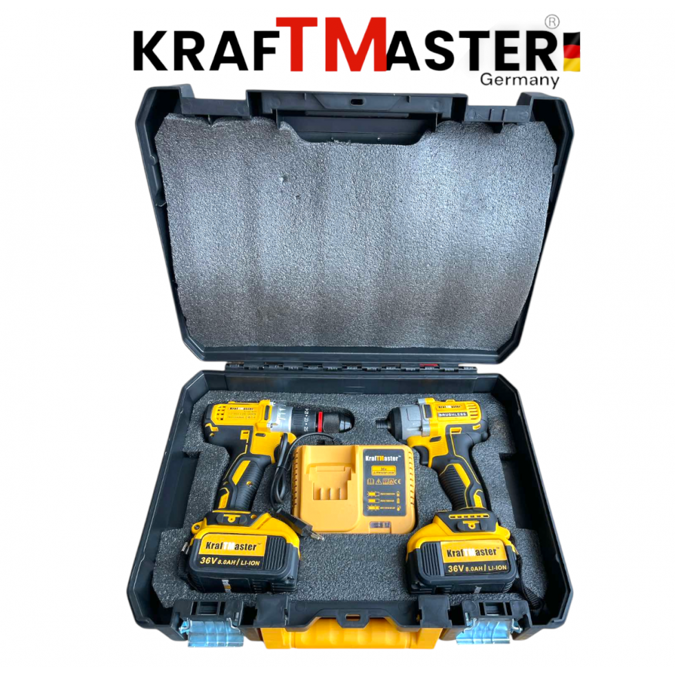 Комплект 2в1 Акумулаторен Импакт и Винтоверт 36V 8Ah KRAFTMASTER Жълт 2 Батерии в КУФАР 