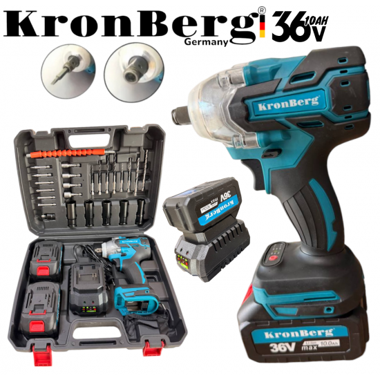 Акумулаторен Безчетков Ударен Гайковерт / Импакт Комбиниран KRONBERG 36V 10AH 850Nm + 40 части инструменти