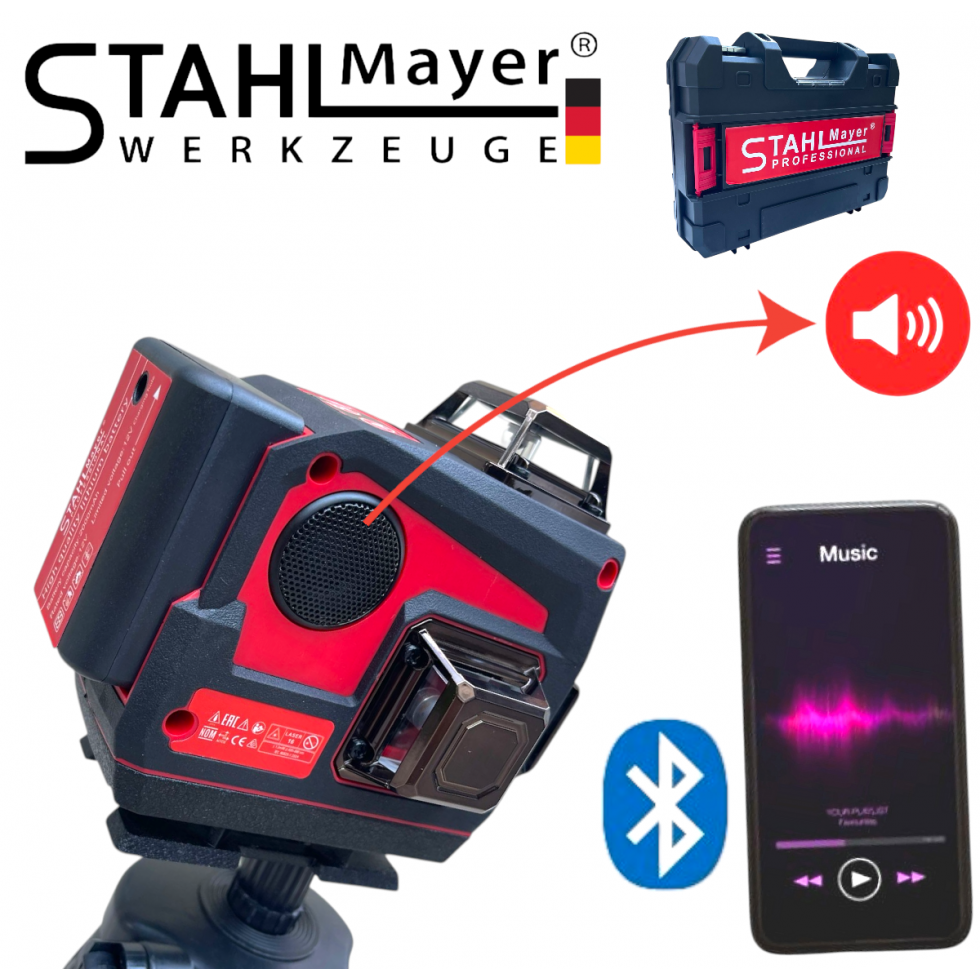 Лазерен Нивелир 4D 16 линии 360° Зелен Лазер с Bluetooth Високоговорител STAHLMAYER Professional Блутут Музика Лазерен Нивелир 4D 16 линии 360° Зелен Лазер с Bluetooth Високоговорител STAHLMAYER Professional Блутут Музика