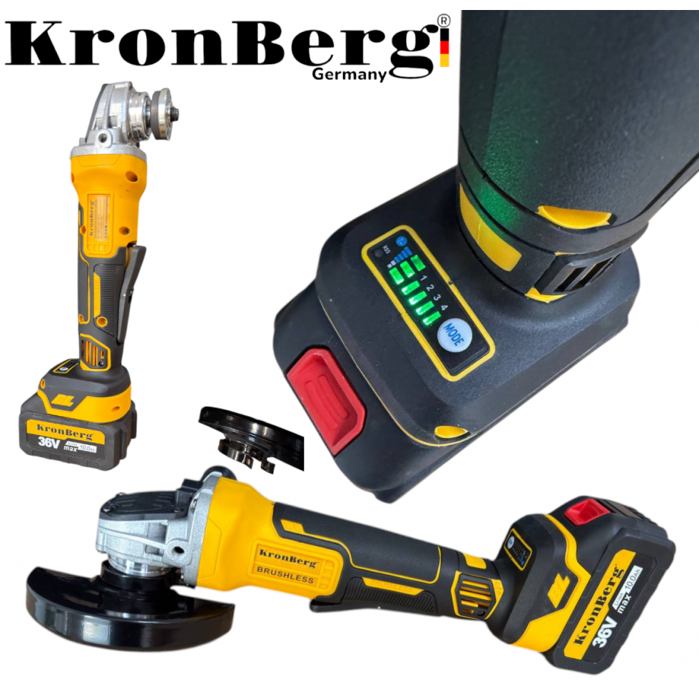 Безчетков Акумулаторен Ъглошлайф Безжичен KRONBERG 125мм 36V 10Ah 2 Батерии и Зарядно Устройство в Куфар Безчетков Акумулаторен Ъглошлайф Безжичен KRONBERG 125мм 36V 10Ah 2 Батерии и Зарядно Устройство в Куфар