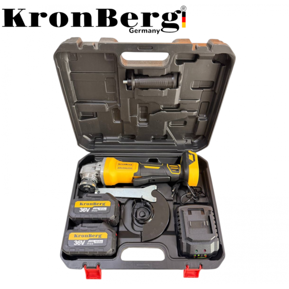 Безчетков Акумулаторен Ъглошлайф Безжичен KRONBERG 125мм 36V 10Ah 2 Батерии и Зарядно Устройство в Куфар Безчетков Акумулаторен Ъглошлайф Безжичен KRONBERG 125мм 36V 10Ah 2 Батерии и Зарядно Устройство в Куфар