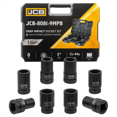 Дълбоки Ударни Вложки 1″ цол 12-СТЕННИ и 6-СТЕННИ 1″ 22-41мм 8 части JCB