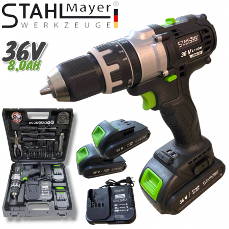 Акумулаторен Винтоверт 36V 8AH STAHLMAYER BLACK Серия + 40 части Инструменти Ударна Бормашина модел 2024