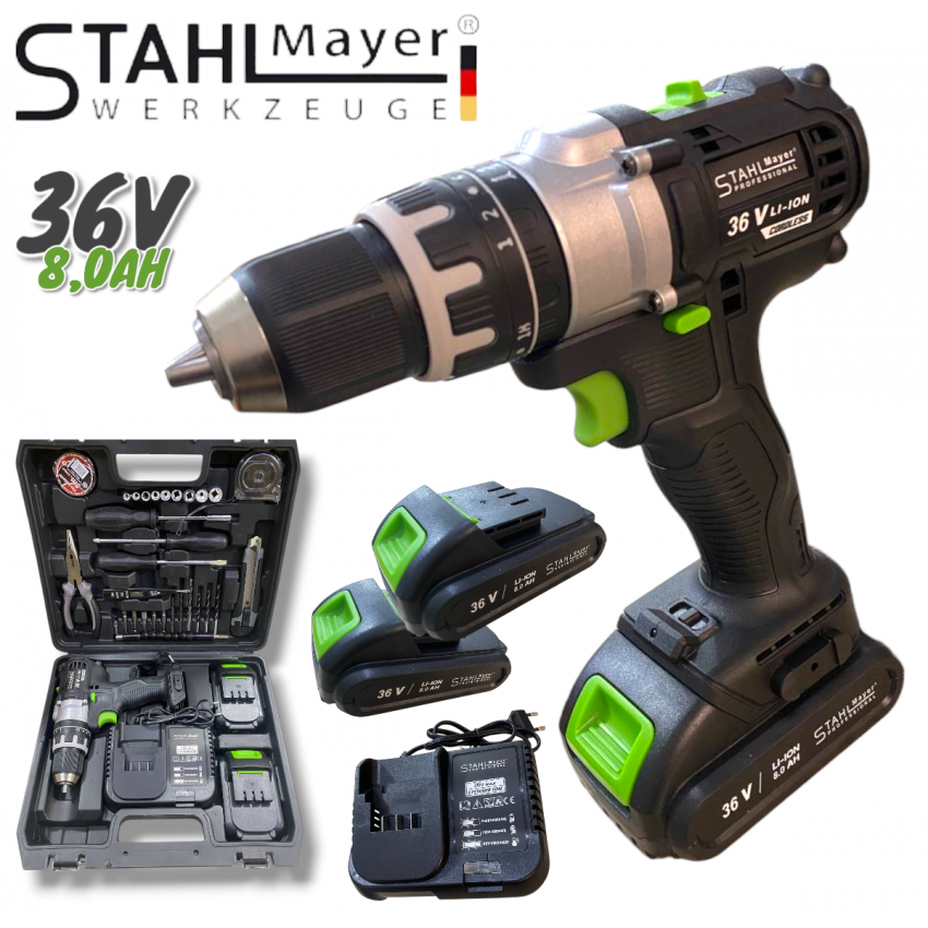 Акумулаторен Винтоверт 36V 8AH STAHLMAYER BLACK Серия + 40 части Инструменти Ударна Бормашина модел 2024 Акумулаторен Винтоверт 36V 8AH STAHLMAYER BLACK Серия + 40 части Инструменти Ударна Бормашина модел 2024