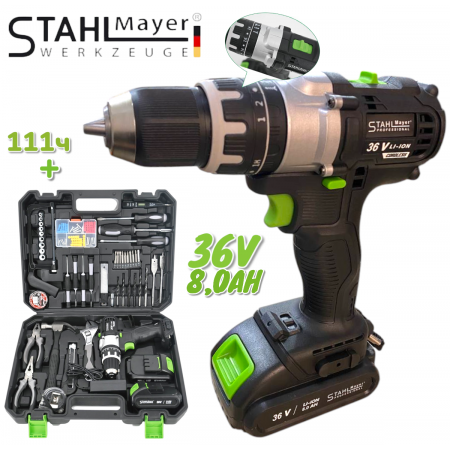 Акумулаторен Ударен Винтоверт Бормашина 36V 8,0AH STAHLMAYER + 111 части инструменти 2 батерии Безчетков