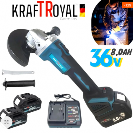 Безчетков Ъглошлайф акумулаторен Kraft 36V + 2 Батерии 8Ah и Зарядно с Куфар