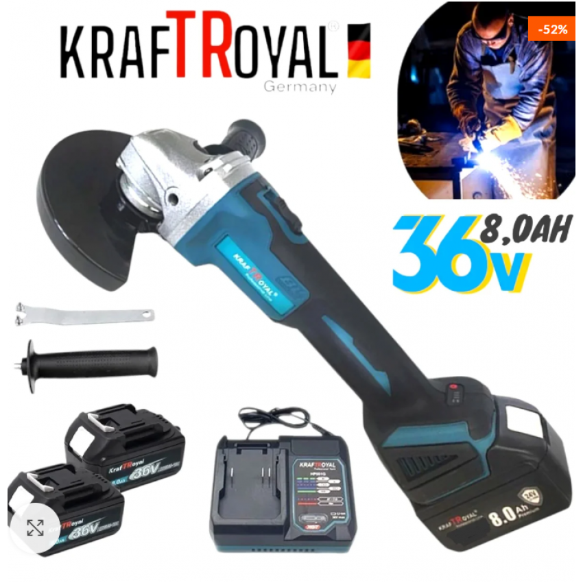 Безчетков Ъглошлайф акумулаторен Kraft 36V + 2 Батерии 8Ah и Зарядно с Куфар