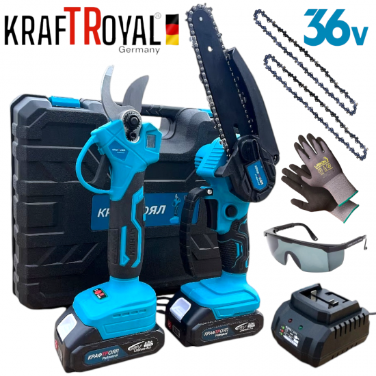 Акумулаторна Безчеткова Резачка за Клони (Казнче за Масло) и Лозарска Ножица с Дисплей 36V 8,0AH KRAFTROYAL 2в1 с 2 батерии в куфар