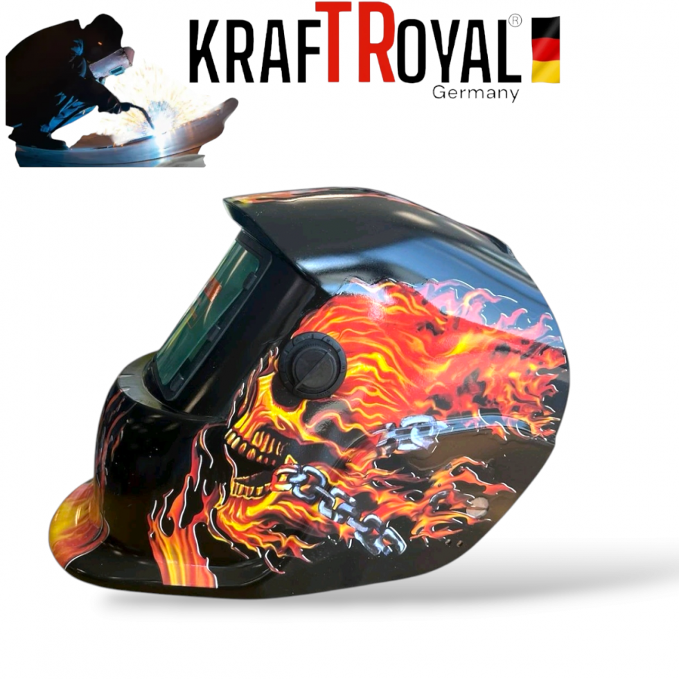 Маска Автоматична Соларна Заваръчна Маска Шлем за Заваряване KRAFTROYAL Шлем Огън Череп