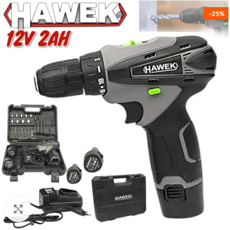 винтоверт двускоростен акумулаторен с вложки и удължение HAWEK 12v 2ah